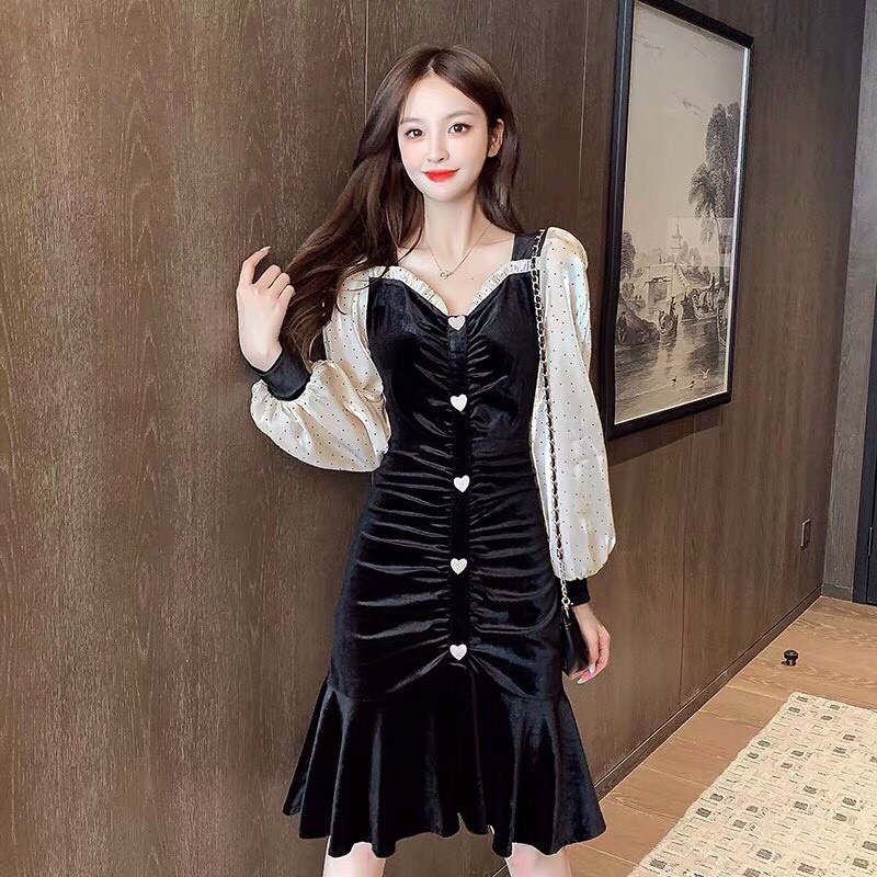 Đầm Nhung Tay Bi Phồng - HN943